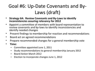 Goal #6: Up-Date Covenants and By-Laws (draft) Strategy 6A:  Review Covenants and By-Laws to identify inconsistencies assuring relevancy for 2012 Appoint a committee of members with board representation to review covenants and by-laws to identify inconsistencies and identify needed changes   Present findings to membership for reaction and recommendations   Board act on agreed recommendations   Prepare recommended changes for a general membership vote   Time:    Committee appointed June 1, 2011   Study recommendations to general membership January 2012   Board Action March 2012   Election to incorporate changes June 1, 2012 