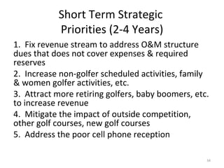 Short Term Strategic  Priorities (2-4 Years) 1.  Fix revenue stream to address O&M structure dues that does not cover expenses & required reserves 2.  Increase non-golfer scheduled activities, family & women golfer activities, etc. 3.  Attract more retiring golfers, baby boomers, etc. to increase revenue 4.  Mitigate the impact of outside competition, other golf courses, new golf courses 5.  Address the poor cell phone reception 