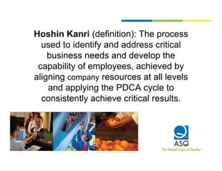 Hoshin Kanri (d fi iti ) The process
H hi K         i (definition): Th
  used to identify and address critical
    business needs and d
    b i            d      d develop th
                                 l the
 capability of employees, achieved by
aligning company resources at all l
 li i                             t ll levels
                                           l
    and applying the PDCA cycle to
  consistently achieve critical results.
       i t tl      hi        iti l      lt
 