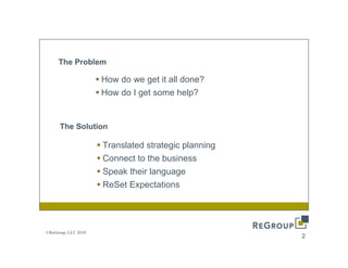 The Problem

                     How do we get it all done?
                               g
                     How do I get some help?


      The Solution

                     Translated strategic planning
                     Connect to the business
                     Speak their language
                     ReSet Expectations




©ReGroup, LLC 2010
                                                     2
 