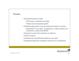 Process

                     Reviewed business model
                      • Client type, investment mandate
                      • Historic and anticipated growth
                     Reviewed documents: how we present ourselves in writing
                      • Model RFP, Form ADV, IA Agreement, written policies and
                        procedures, sales presentation
                     Reviewed current time allocation for Sabrina
                     SWOT Analysis
                     Identified key operational/compliance risk areas
                     Developed alternative mitigation solutions for consideration




©ReGroup, LLC 2010
                                                                                    29
 