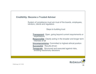 Credibility: Become a Trusted Adviser

                     System of compliance must win trust of the boards, employees,
                      y             p                                 ,   p y    ,
                     vendors, clients and regulators

                                         Steps to building trust:

                          Transparent: Open, going beyond current requirements or
                           expectations
                          Responsible: Clearly acting in the broader and longer term
                           interests of all
                          Uncompromising: Committed to highest ethical position
                          Successful: Results-driven
                          Temperate: Structured and executed against risks,
                           avoiding reactionary decisions




©ReGroup, LLC 2010
                                                                                     36
 