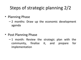 Steps of strategic planning 2/2
• Planning Phase
– 2 months: Draw up the economic development
agenda

• Post Planning Phase
– 1 month: Review the strategic plan with the
community, finalise it, and prepare for
implementation

 