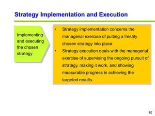 10
www.studyMarketing.org
Strategy Implementation and Execution
• Strategy implementation concerns the
managerial exercise of putting a freshly
chosen strategy into place
• Strategy execution deals with the managerial
exercise of supervising the ongoing pursuit of
strategy, making it work, and showing
measurable progress in achieving the
targeted results.
Implementing
and executing
the chosen
strategy
 