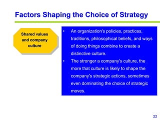 22
www.studyMarketing.org
Factors Shaping the Choice of Strategy
• An organization's policies, practices,
traditions, philosophical beliefs, and ways
of doing things combine to create a
distinctive culture.
• The stronger a company's culture, the
more that culture is likely to shape the
company's strategic actions, sometimes
even dominating the choice of strategic
moves.
Shared values
and company
culture
 