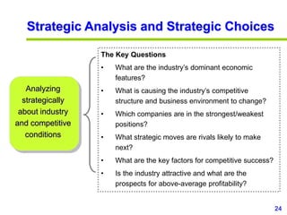 24
www.studyMarketing.org
Strategic Analysis and Strategic Choices
Analyzing
strategically
about industry
and competitive
conditions
The Key Questions
• What are the industry’s dominant economic
features?
• What is causing the industry’s competitive
structure and business environment to change?
• Which companies are in the strongest/weakest
positions?
• What strategic moves are rivals likely to make
next?
• What are the key factors for competitive success?
• Is the industry attractive and what are the
prospects for above-average profitability?
 