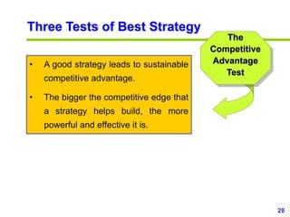 28
www.studyMarketing.org
• A good strategy leads to sustainable
competitive advantage.
• The bigger the competitive edge that
a strategy helps build, the more
powerful and effective it is.
Three Tests of Best Strategy
The
Competitive
Advantage
Test
 