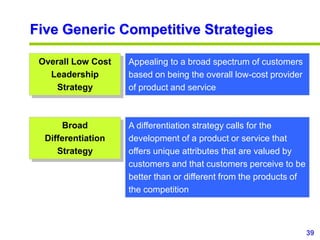 39
www.studyMarketing.org
Five Generic Competitive Strategies
Overall Low Cost
Leadership
Strategy
Broad
Differentiation
Strategy
Appealing to a broad spectrum of customers
based on being the overall low-cost provider
of product and service
A differentiation strategy calls for the
development of a product or service that
offers unique attributes that are valued by
customers and that customers perceive to be
better than or different from the products of
the competition
 
