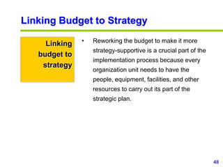 48
www.studyMarketing.org
Linking Budget to Strategy
Linking
budget to
strategy
• Reworking the budget to make it more
strategy-supportive is a crucial part of the
implementation process because every
organization unit needs to have the
people, equipment, facilities, and other
resources to carry out its part of the
strategic plan.
 