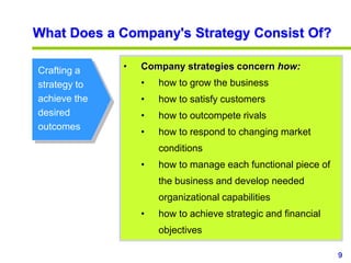 9
www.studyMarketing.org
What Does a Company's Strategy Consist Of?
Crafting a
strategy to
achieve the
desired
outcomes
• Company strategies concern how:
• how to grow the business
• how to satisfy customers
• how to outcompete rivals
• how to respond to changing market
conditions
• how to manage each functional piece of
the business and develop needed
organizational capabilities
• how to achieve strategic and financial
objectives
 