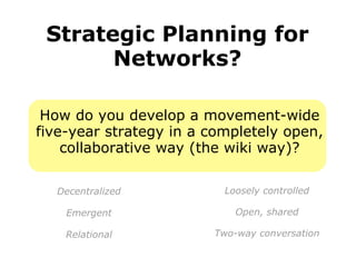 Decentralized Emergent Relational Loosely controlled Open, shared Two-way conversation Strategic Planning for Networks? How do you develop a movement-wide five-year strategy in a completely open, collaborative way (the wiki way)? 