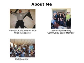 About Me Collaboration! Leadership Learning Community Board Member Principal, Cofounder of Blue Oxen Associates 