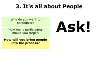3. It's all about People Who do you want to participate? How many participants should you target? How will you bring people into the process? Ask! 