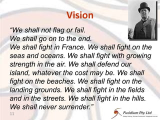 Vision“We shall not flag or fail. We shall go on to the end. We shall fight in France. We shall fight on the seas and oceans. We shall fight with growing strength in the air. We shall defend our island, whatever the cost may be. We shall fight on the beaches. We shall fight on the landing grounds. We shall fight in the fields and in the streets. We shall fight in the hills. We shall never surrender.”11