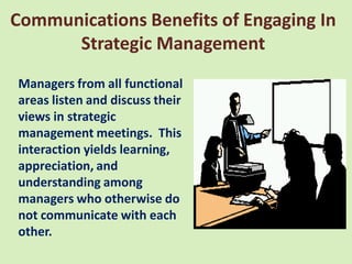 Communications Benefits of Engaging In
      Strategic Management
Managers from all functional
areas listen and discuss their
views in strategic
management meetings. This
interaction yields learning,
appreciation, and
understanding among
managers who otherwise do
not communicate with each
other.
 
