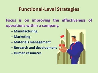 Functional-Level Strategies
Focus is on improving the effectiveness of
operations within a company.
  – Manufacturing
  – Marketing
  – Materials management
  – Research and development
  – Human resources
 