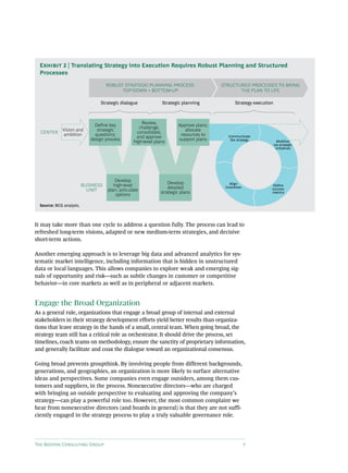 The Boston Consulting Group 7
It may take more than one cycle to address a question fully. The process can lead to
refreshed long-term visions, adapted or new medium-term strategies, and decisive
short-term actions.
Another emerging approach is to leverage big data and advanced analytics for sys-
tematic market intelligence, including information that is hidden in unstructured
data or local languages. This allows companies to explore weak and emerging sig-
nals of opportunity and risk—such as subtle changes in customer or competitive
behavior—in core markets as well as in peripheral or adjacent markets.
Engage the Broad Organization
As a general rule, organizations that engage a broad group of internal and external
stakeholders in their strategy development efforts yield better results than organiza-
tions that leave strategy in the hands of a small, central team. When going broad, the
strategy team still has a critical role as orchestrator. It should drive the process, set
timelines, coach teams on methodology, ensure the sanctity of proprietary information,
and generally facilitate and coax the dialogue toward an organizational consensus.
Going broad prevents groupthink. By involving people from different backgrounds,
generations, and geographies, an organization is more likely to surface alternative
ideas and perspectives. Some companies even engage outsiders, among them cus-
tomers and suppliers, in the process. Nonexecutive directors—who are charged
with bringing an outside perspective to evaluating and approving the company’s
strategy—can play a powerful role too. However, the most common complaint we
hear from nonexecutive directors (and boards in general) is that they are not suffi-
ciently engaged in the strategy process to play a truly valuable governance role.
BUSINESS
UNIT
CENTER
Mobilize
via strategic
initiatives
Align
incentives
Deﬁne
success
metrics
ROBUST STRATEGICPLANNING PROCESS:
TOPDOWN + BOTTOMUP
STRUCTURED PROCESSES TO BRING
THE PLAN TO LIFE
Strategic dialogue Strategic planning Strategy execution
Vision and
ambition
Deﬁne key
strategic
questions;
design process
Develop
high-level
plan; articulate
options
Develop
detailed
strategic plans
Approve plans;
allocate
resources to
support plans
Review,
challenge,
consolidate,
and approve
high-level plans
Communicate
the strategy
Source: BCG analysis.
Exhibit 2 | Translating Strategy into Execution Requires Robust Planning and Structured
Processes
 