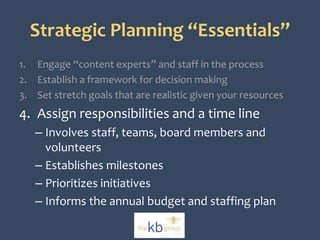 Strategic Planning “Essentials” 
1. Engage “content experts” and staff in the process 
2. Establish a framework for decision making 
3. Set stretch goals that are realistic given your resources 
4. Assign responsibilities and a time line 
– Involves staff, teams, board members and 
volunteers 
– Establishes milestones 
– Prioritizes initiatives 
– Informs the annual budget and staffing plan 
 