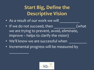 Start Big, Define the 
Descriptive Vision 
• As a result of our work we will __________ 
• If we do not succeed, then ___________ (what 
we are trying to prevent, avoid, eliminate, 
improve – helps to clarify the vision) 
• We’ll know we are successful when _________ 
• Incremental progress will be measured by 
__________ 
 