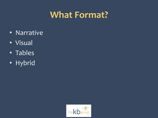 What Format? 
• Narrative 
• Visual 
• Tables 
• Hybrid 
 