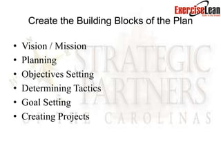 Create the Building Blocks of the Plan

•   Vision / Mission
•   Planning
•   Objectives Setting
•   Determining Tactics
•   Goal Setting
•   Creating Projects
 