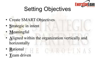 Setting Objectives
• Create SMART Objectives
• Strategic in intent
• Meaningful
• Aligned within the organization vertically and
  horizontally
• Rational
• Team driven
 