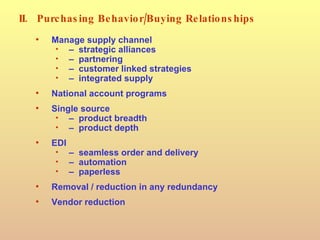 II. Purchasing Behavior/Buying Relationships Manage supply channel –  strategic alliances –  partnering –  customer linked strategies –  integrated supply National account programs Single source –  product breadth –  product depth EDI –  seamless order and delivery –  automation –  paperless Removal / reduction in any redundancy Vendor reduction 