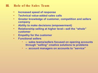 III. Role of the Sales Team Increased speed of response Technical value-added sales calls Greater knowledge of customer, competition and sellers company Ability to make decisions (empowerment) Relationship selling at higher level—sell the “whole” customer Empathy for the customer Functional sellers –  sales teams/sellers focused on opening accounts through “selling” creative solutions to problems –  account managers on accounts to “service” 