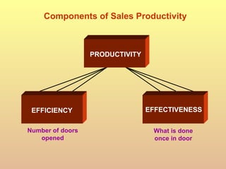 EFFICIENCY EFFECTIVENESS PRODUCTIVITY Number of doors opened What is done once in door Components of Sales Productivity 