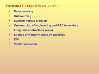 Customer Change Drivers  (cont’d.) <ul><li>Reengineering </li></ul><ul><li>Out-sourcing </li></ul><ul><li>Systems versus p...