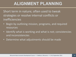 ALIGNMENT PLANNING
Short term in nature; often used to tweak
strategies or resolve internal conflicts or
inefficiencies
• Begin by outlining mission, programs, and required
  resources
• Identify what is working and what is not; consistencies
  and inconsistencies
• Determine what adjustments should be made




     Wisconsin Basic Economic Development Course  Madison, Wisconsin  10-13 September 2012   15
 