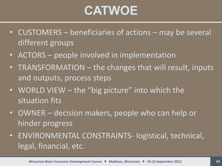 CATWOE
• CUSTOMERS – beneficiaries of actions – may be several
  different groups
• ACTORS – people involved in implementation
• TRANSFORMATION – the changes that will result, inputs
  and outputs, process steps
• WORLD VIEW – the “big picture” into which the
  situation fits
• OWNER – decision makers, people who can help or
  hinder progress
• ENVIRONMENTAL CONSTRAINTS- logistical, technical,
  legal, financial, etc.
     Wisconsin Basic Economic Development Course  Madison, Wisconsin  10-13 September 2012   29
 