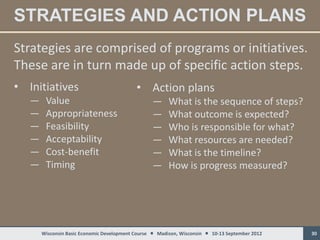STRATEGIES AND ACTION PLANS
Strategies are comprised of programs or initiatives.
These are in turn made up of specific action steps.
• Initiatives                               • Action plans
   —    Value                                     —      What is the sequence of steps?
   —    Appropriateness                           —      What outcome is expected?
   —    Feasibility                               —      Who is responsible for what?
   —    Acceptability                             —      What resources are needed?
   —    Cost-benefit                              —      What is the timeline?
   —    Timing                                    —      How is progress measured?




       Wisconsin Basic Economic Development Course  Madison, Wisconsin  10-13 September 2012   30
 