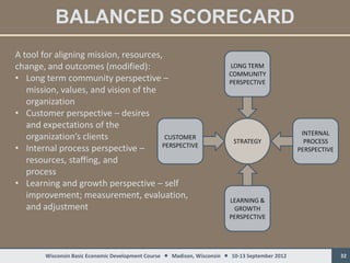 BALANCED SCORECARD
A tool for aligning mission, resources,
change, and outcomes (modified):                                          LONG TERM
                                                                          COMMUNITY
• Long term community perspective –                                       PERSPECTIVE
   mission, values, and vision of the
   organization
• Customer perspective – desires
   and expectations of the
                                                                                                   INTERNAL
   organization’s clients               CUSTOMER
                                                                           STRATEGY                 PROCESS
• Internal process perspective –       PERSPECTIVE
                                                                                                  PERSPECTIVE
   resources, staffing, and
   process
• Learning and growth perspective – self
   improvement; measurement, evaluation,                                  LEARNING &
   and adjustment                                                          GROWTH
                                                                          PERSPECTIVE




        Wisconsin Basic Economic Development Course  Madison, Wisconsin  10-13 September 2012                 32
 