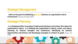 Strategic Management
- refers to the goal of establishing a good fit between an organization and its
environment. Golensky and Hager (2020)
Strategic Planning
- is a disciplined effort to produce fundamental decisions and actions that shape the
organization’s future. It is defining the organization’s mission, vision, and values;
assessing its internal strengths and weaknesses; identifying its external
opportunities and threats; and developing strategies to achieve its goals. Bryson, J.M
(1988)
2
 