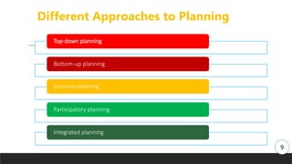 Different Approaches to Planning
Top-down planning
Bottom-up planning
Scenario planning
Participatory planning
Integrated planning
9
 