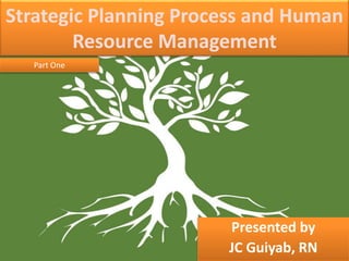 Strategic Planning Process and Human
Resource Management
Presented by
JC Guiyab, RN
Part One
 