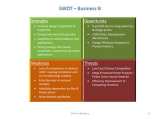 SWOT – Business B

Strengths                              Opportunity
  In-house design Capabilities &             Fuel Shift due to rising electricity
   Customise.                                  & oil/gas prices
  Strong International Exposure.             CDM (Clean Development
  Capability to search/address new            Mechanism)
   applications                               Energy Efficiency measures in
  Strong synergy with Steam                   Process Industry.
   Generators / waste heat & related
   applications

Weakness                               Threats
    Lack of competence to address            Low Cost Chinese Competition
     HVAC Heating Ventilation and             Mega Privatised Power Projects –
     Air Conditioning) markets.                Power Costs may be lowered
    Entry Barriers in matured                Efficiency Improvement of
     markets.                                  Competing Products.
    Volatilatiy dependent on Gas &
     Power prices
    Niche Market worldwide




                             ©Pinaki Bhadury                                          23
 