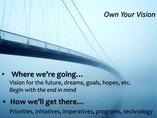 • Where we’re going…
Vision for the future, dreams, goals, hopes, etc.
Begin with the end in mind
• How we’ll get there…
Priorities, initiatives, imperatives, programs, technology
Own Your Vision
 