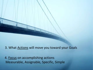 3. What Actions will move you toward your Goals
4. Focus on accomplishing actions
Measurable, Assignable, Specific, Simple
 