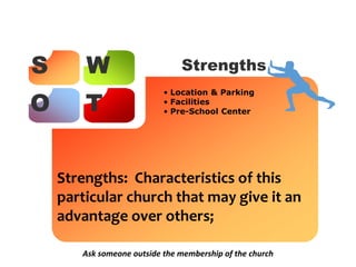 S W
O T
Strengths
• Location & Parking
• Facilities
• Pre-School Center
Strengths: Characteristics of this
particular church that may give it an
advantage over others;
Ask someone outside the membership of the church
 