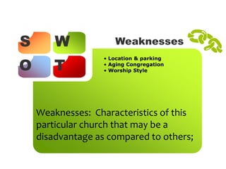 S W
O T
Weaknesses
• Location & parking
• Aging Congregation
• Worship Style
Weaknesses: Characteristics of this
particular church that may be a
disadvantage as compared to others;
 