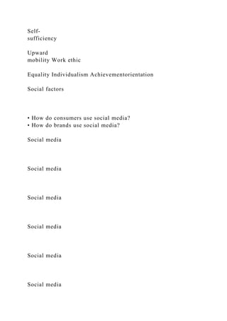 Self-
sufficiency
Upward
mobility Work ethic
Equality Individualism Achievementorientation
Social factors
• How do consumers use social media?
• How do brands use social media?
Social media
Social media
Social media
Social media
Social media
Social media
 