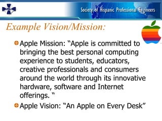 Example Vision/Mission:  Apple Mission: “Apple is committed to bringing the best personal computing experience to students, educators, creative professionals and consumers around the world through its innovative hardware, software and Internet offerings. “ Apple Vision: “An Apple on Every Desk” 