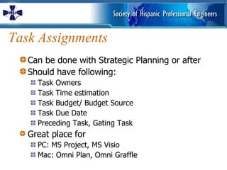 Task Assignments Can be done with Strategic Planning or after Should have following: Task Owners Task Time estimation Task Budget/ Budget Source Task Due Date Preceding Task, Gating Task Great place for  PC: MS Project, MS Visio Mac: Omni Plan, Omni Graffle 