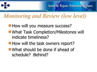 Monitoring and Review (low level) How will you measure success? What Task Completion/Milestones will indicate timeliness? How will the task owners report? What should be done if ahead of schedule?  Behind? 