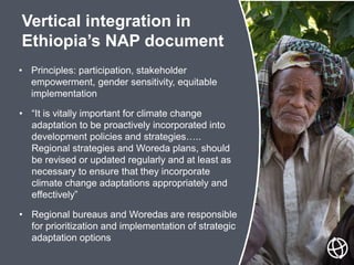 Vertical integration in
Ethiopia’s NAP document
• Principles: participation, stakeholder
empowerment, gender sensitivity, ...
