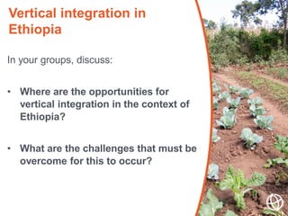 In your groups, discuss:
• Where are the opportunities for
vertical integration in the context of
Ethiopia?
• What are the...