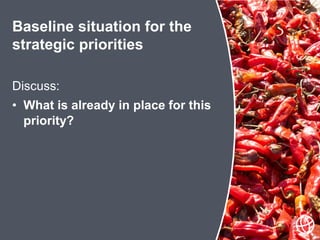 Discuss:
• What is already in place for this
priority?
Baseline situation for the
strategic priorities
 