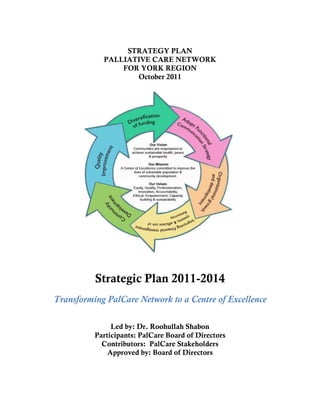 STRATEGY PLAN
            PALLIATIVE CARE NETWORK
                FOR YORK REGION
                   October 2011




          Strategic Plan 2011-2014
Transforming PalCare Network to a Centre of Excellence

               Led by: Dr. Roohullah Shabon
          Participants: PalCare Board of Directors
            Contributors: PalCare Stakeholders
              Approved by: Board of Directors
 